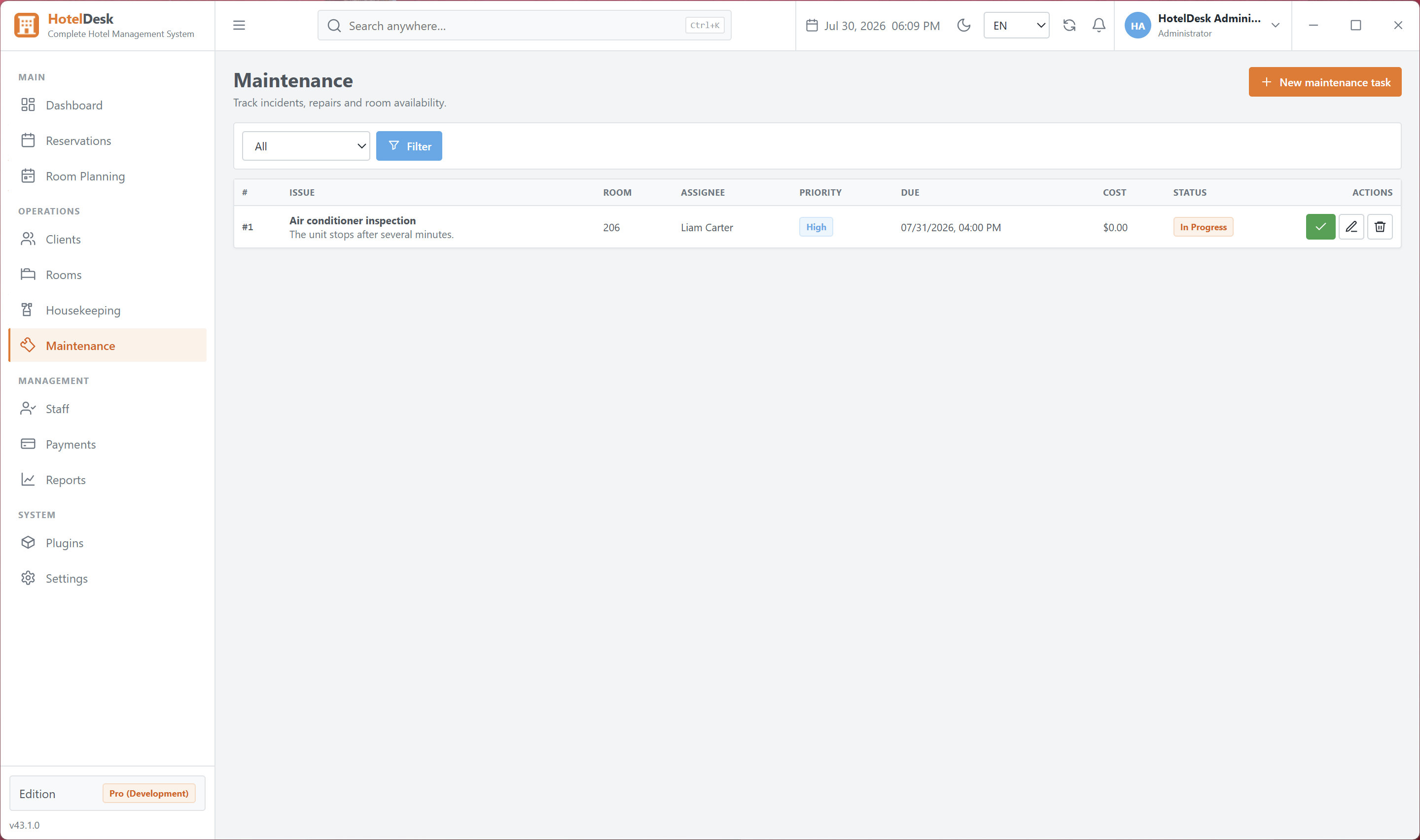 Maintenance incident and room-availability tracking