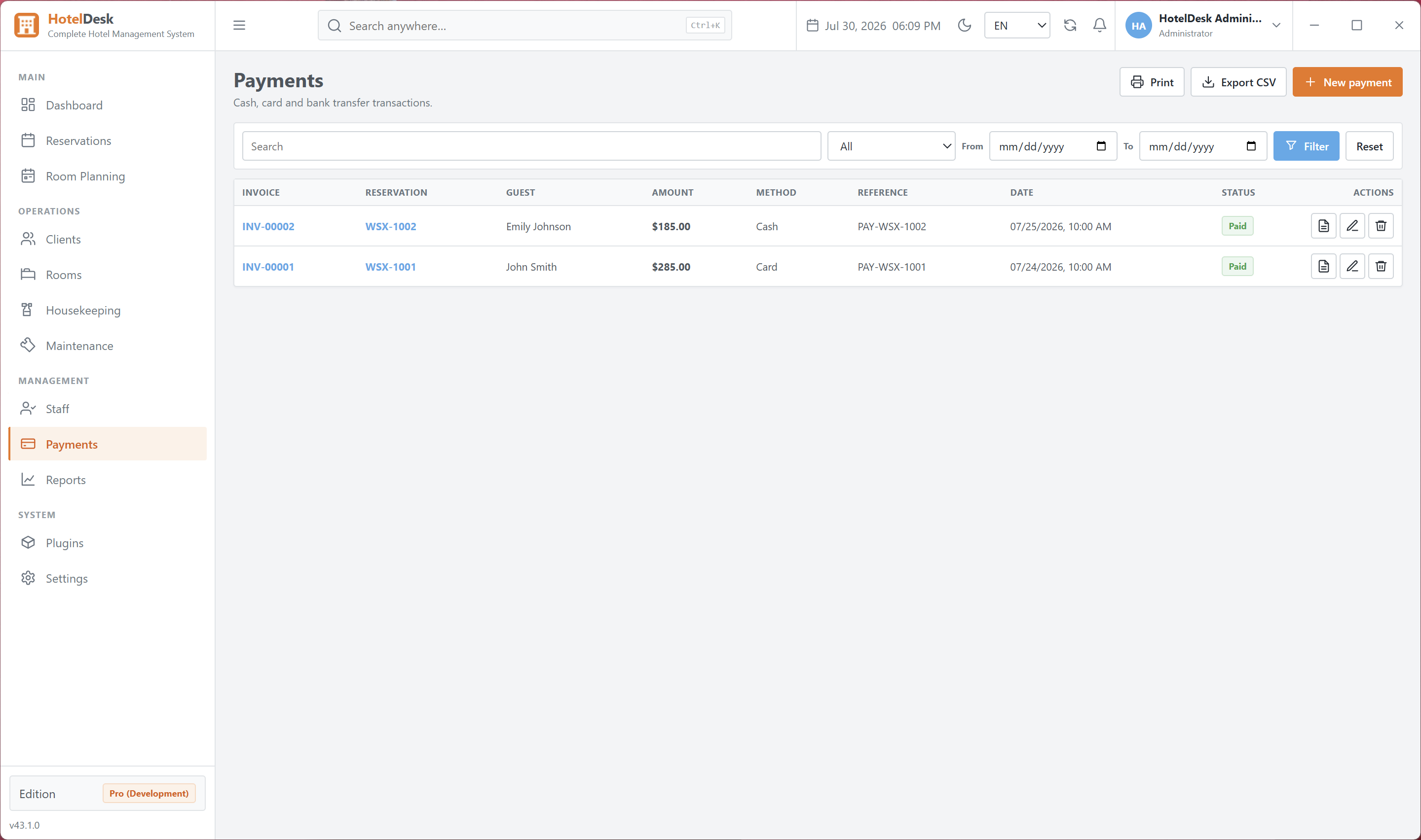Payment management with date filters, print and CSV export