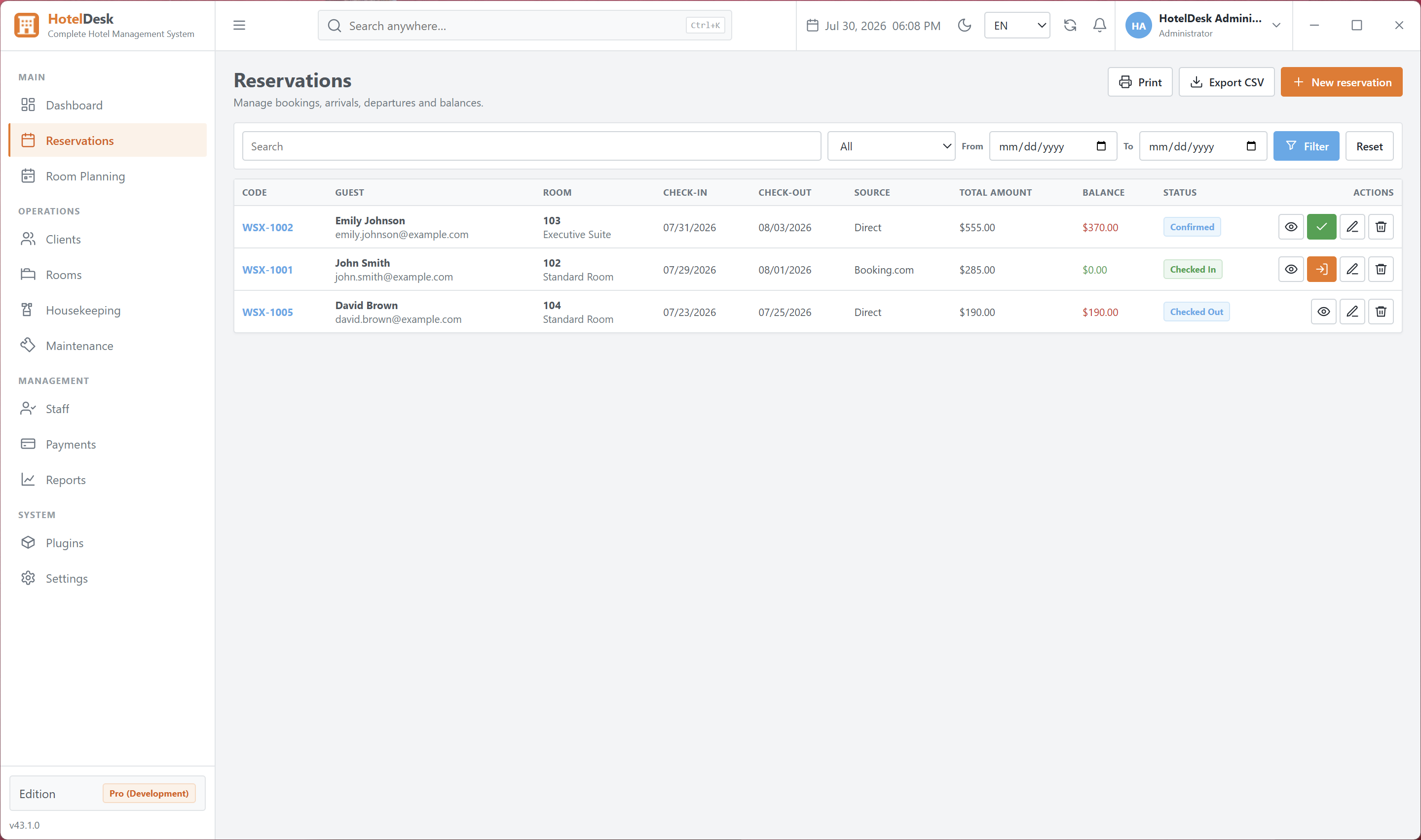 Reservation management with filters, balances and stay actions