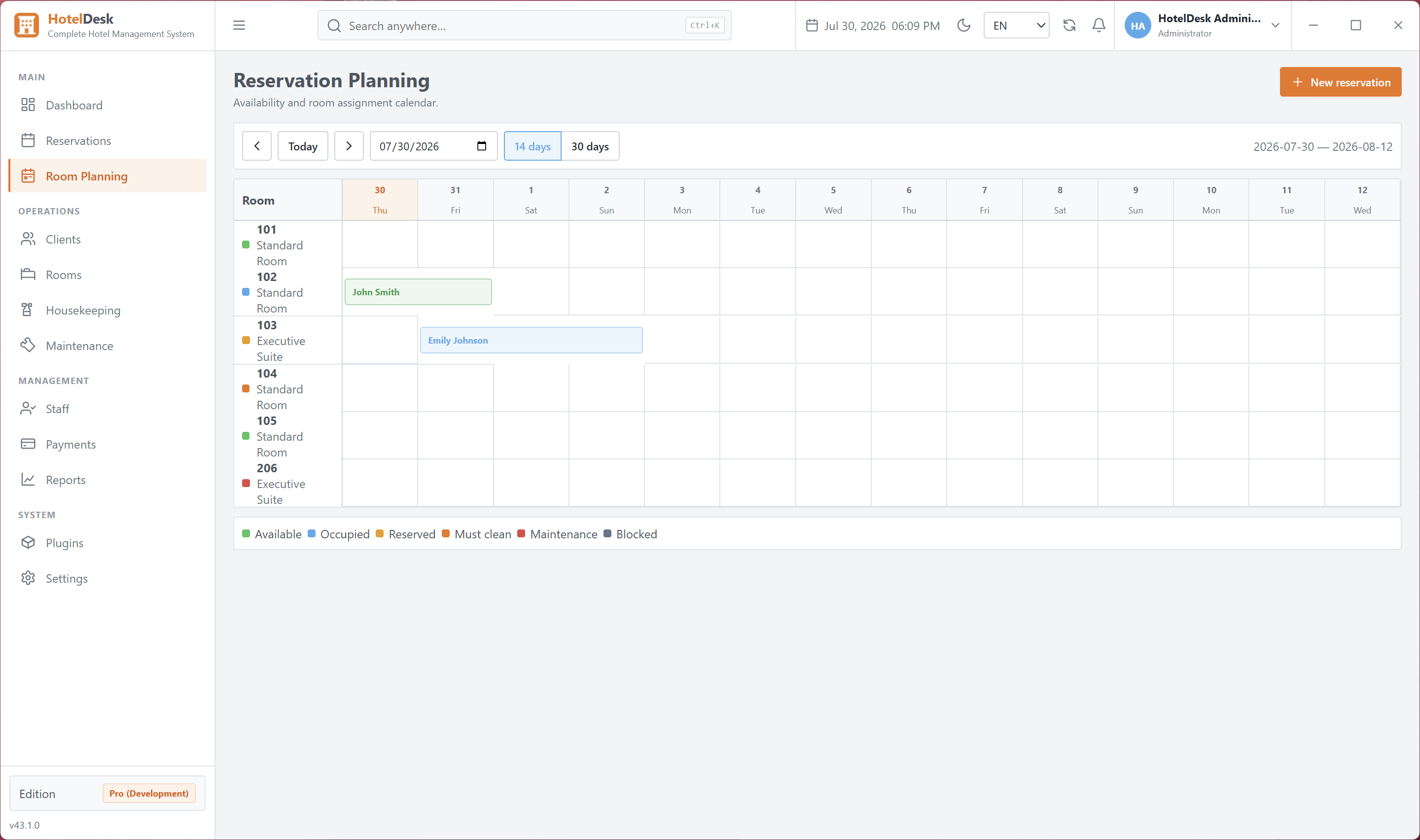 Visual room availability and reservation calendar