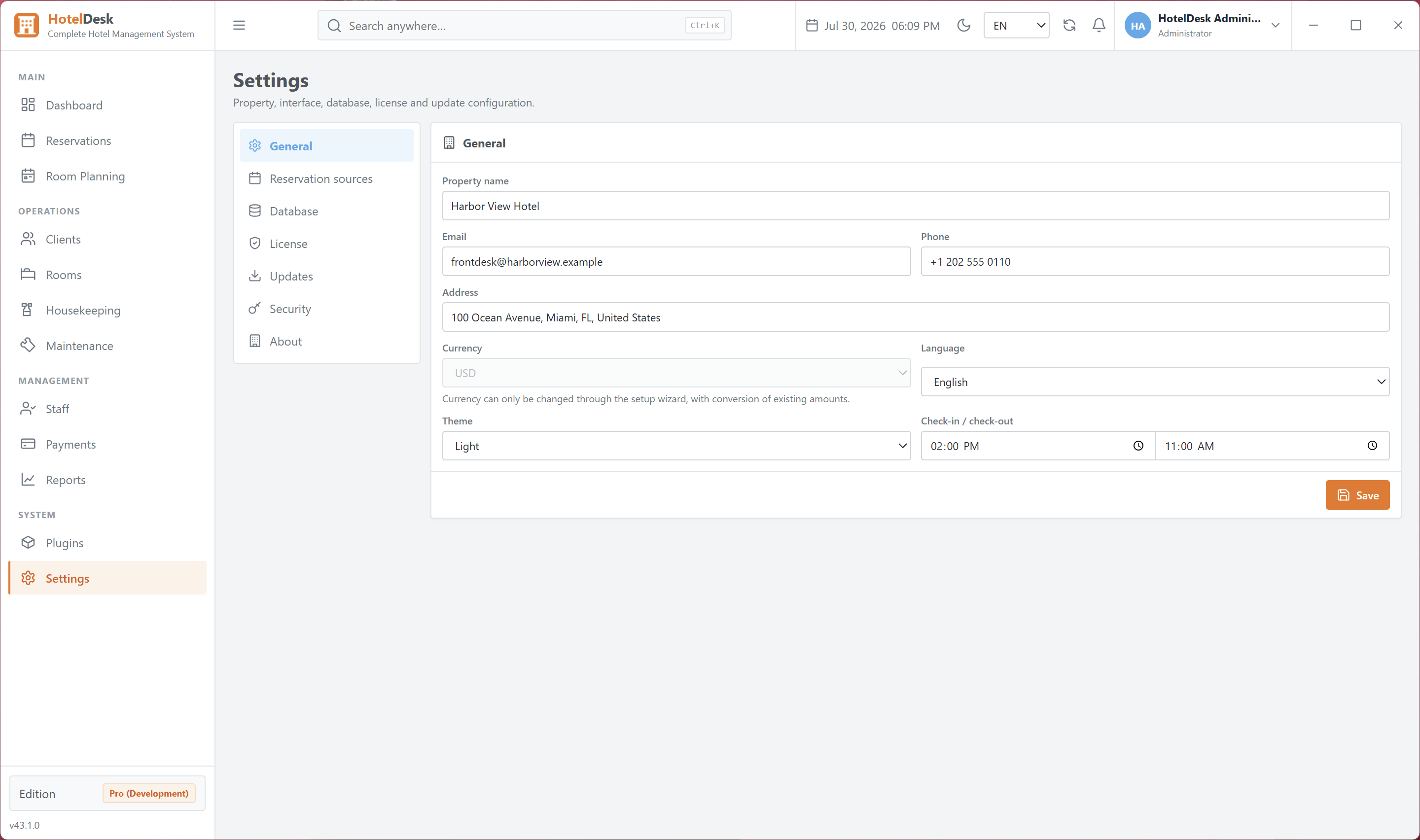 Property, interface, database, license and security settings